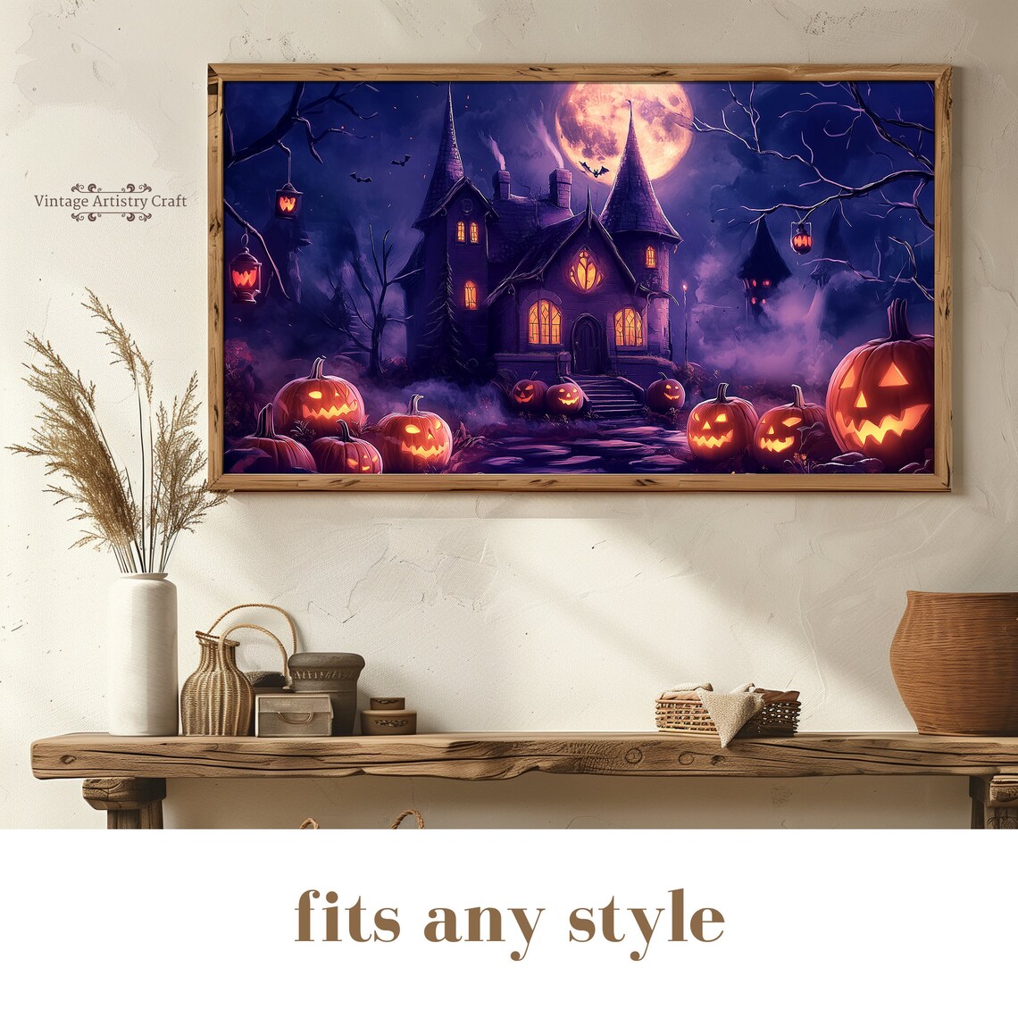 Haunted House Halloween Night Full Moon Pumpkins Spooky Painting Poster - Image 8