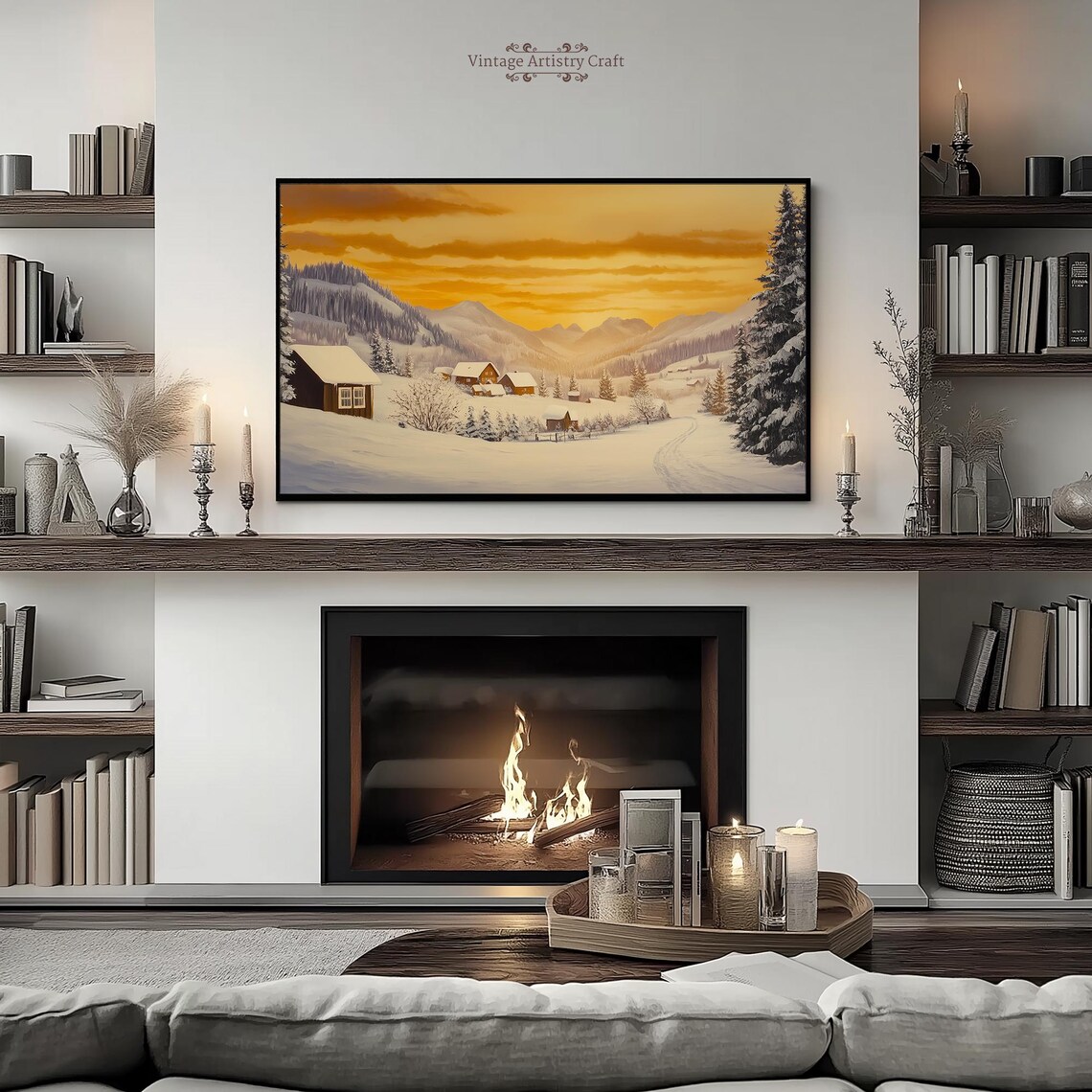 Snowy Mountain Village Sunrise Golden Winter Landscape Poster - Image 4