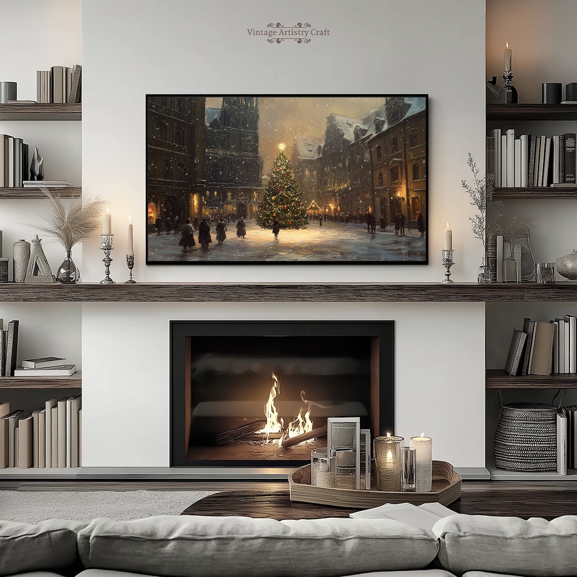 Winter Frame Tv Art Christmas Tree Warm Street Town Moody Farmhouse Tv Decor Vintage Oil Painting 4k - Image 5