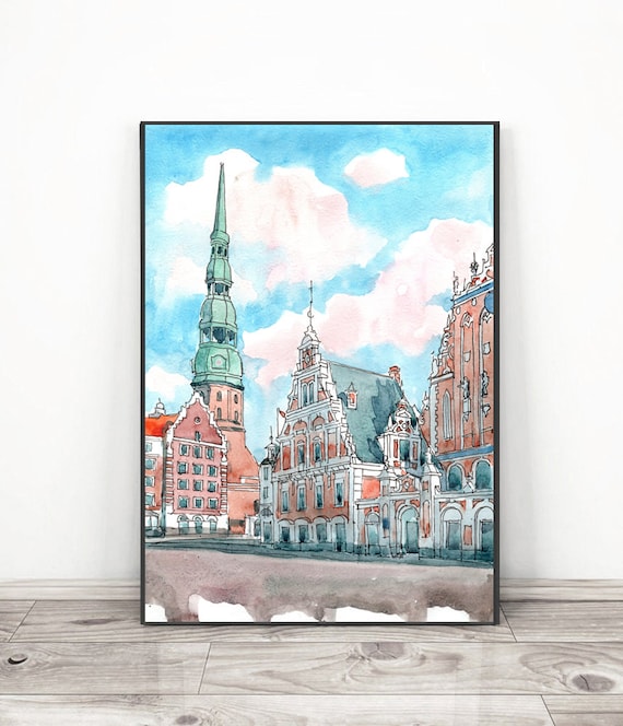 Riga Latvia Old Town Watercolor Church Spire Europe Travel Poster
