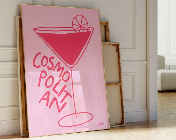 Cosmopolitan Print Pink And Red Bar Cart Prints Cute Decor Apartment Cocktail Girl