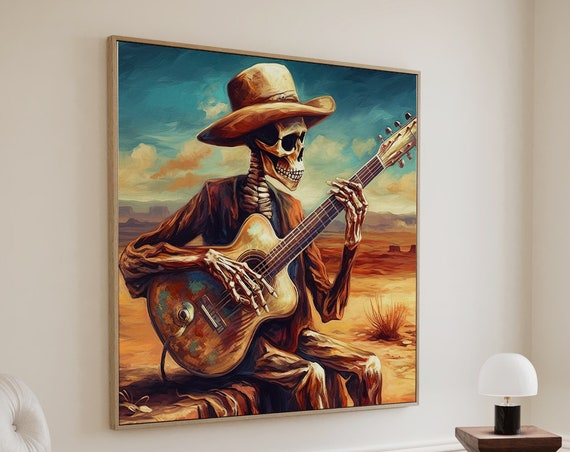Mexican Cowboy Skeleton Guitarist Art Print Latino Art Chicano Art Mexican Art Calavera Art Large