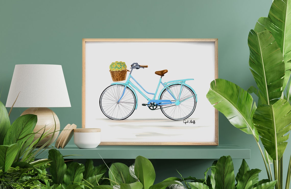 Bicycle Baby Blue Print Summer Watercolor Drawing Wall Art Flower Painting Bike Illustration Handmade Boy Or Girl Photo Present