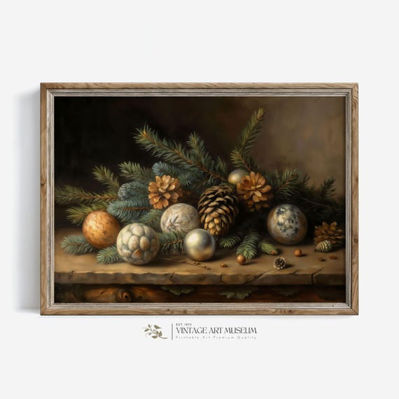 Still Life Of Fir Cones Winter Print Moody Christmas Wall Art Vintage Style For Rustic Cottagecore Holiday Decor 230