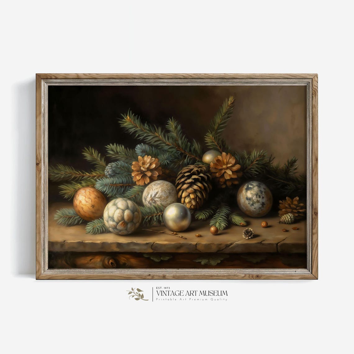Winter Still Life with Pinecones and Christmas Ornaments Wall Art