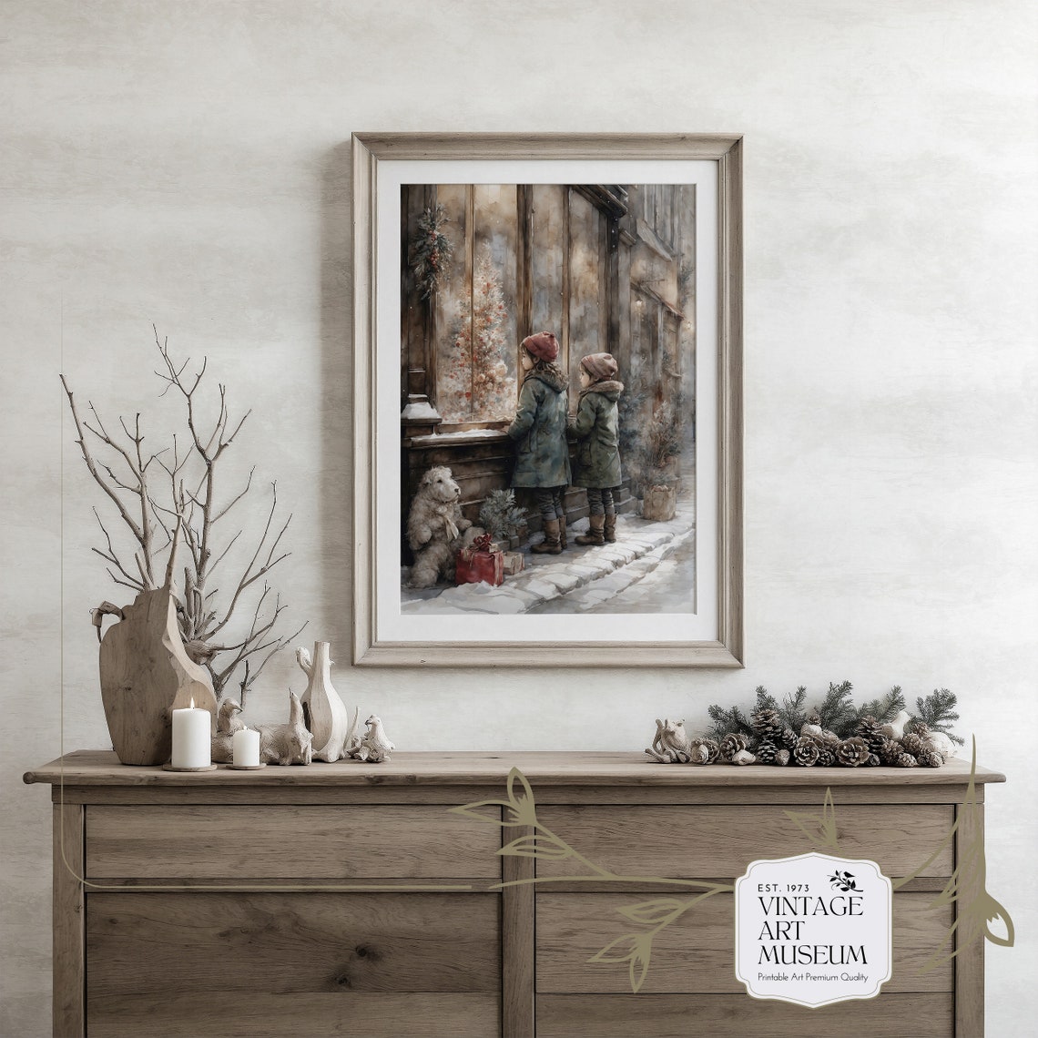 Two Sisters Winter Christmas Window Watercolor Holiday Wall Art - Image 2