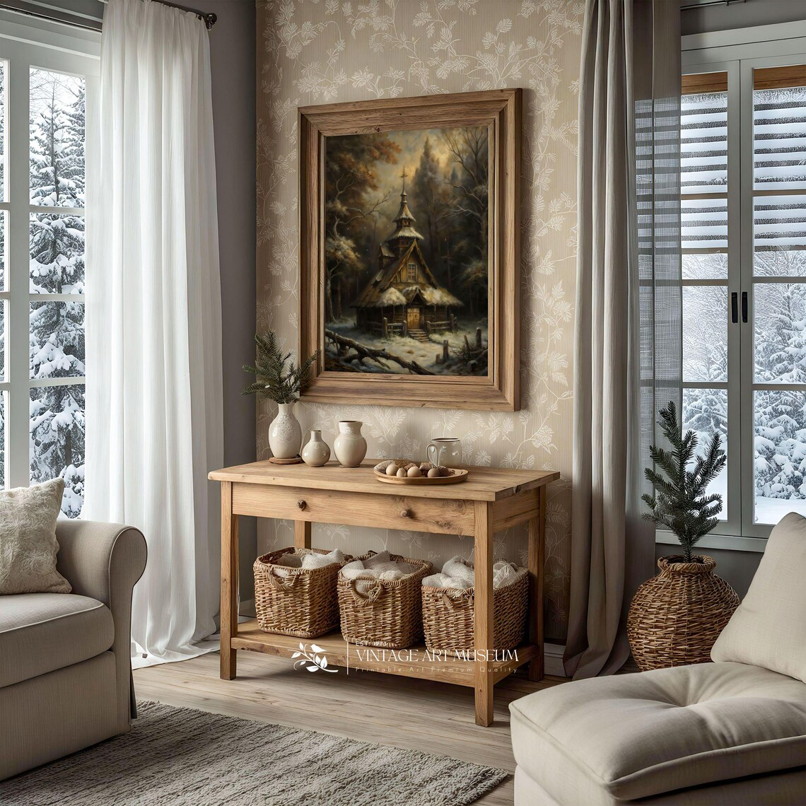 Dark Wooden Church In Snowy Autumn Forest Moody Vintage Painting Poster - Image 2