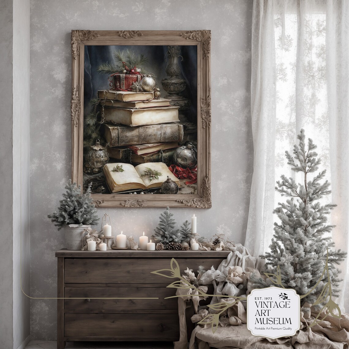 Rustic Christmas Book Still Life, Vintage Cottagecore Decor - Image 2