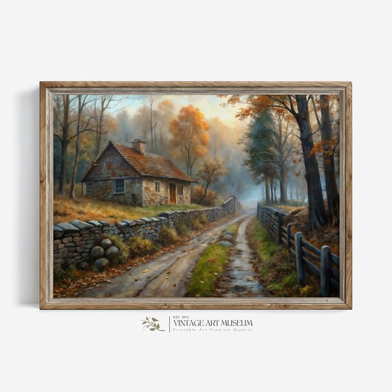 Autumn Stone Cottage on a Country Road Fall Landscape Wall Art