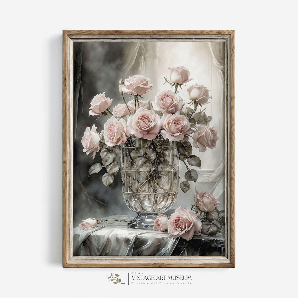 Pink Roses In Crystal Vase Watercolor Still Life Art