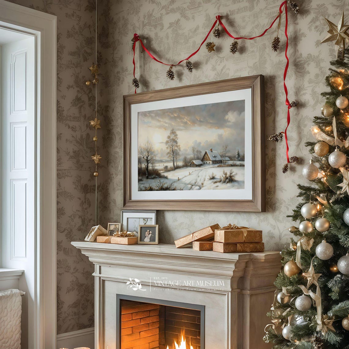 Sunset Over Snowy Farmhouse With Birch Trees Winter Path Poster - Image 2