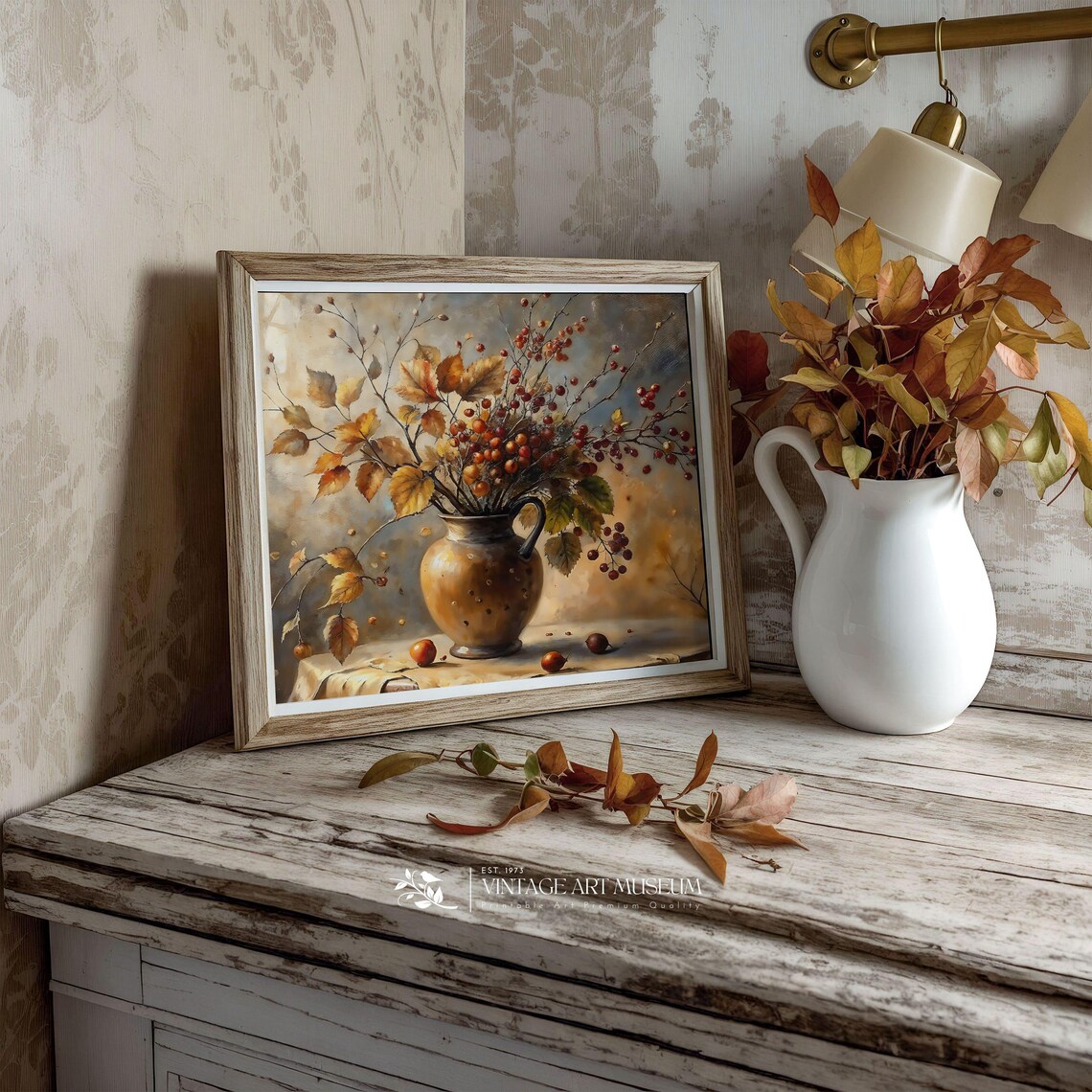 Autumn Berry Bouquet in Ceramic Pitcher Still Life Oil Painting Wall Art - Image 3