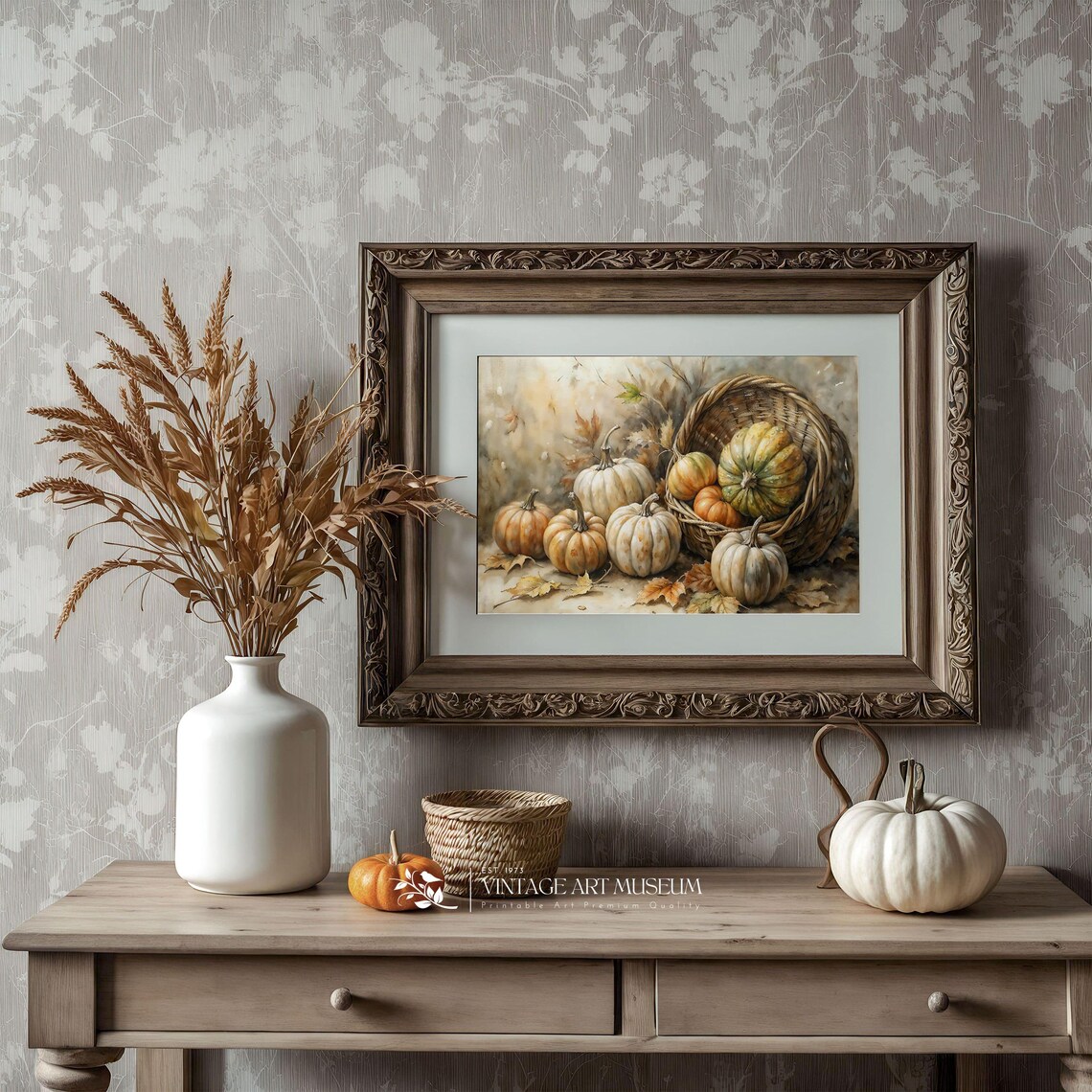 Basket With Pumpkins Autumn Still Life Art Print - Image 3