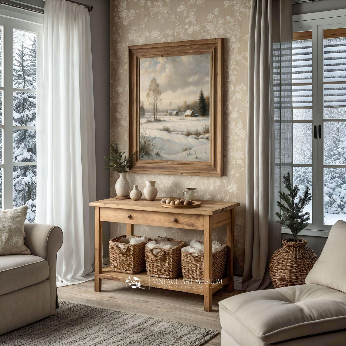 Snowy Countryside Cabins Winter Morning Landscape Vintage Oil Painting Poster - Image 2