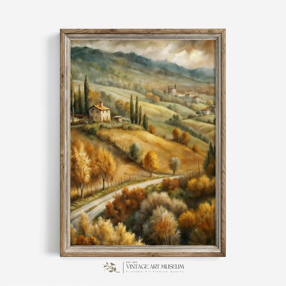 Autumn Tuscan Countryside Rolling Hills Village Vintage Watercolor Wall Art