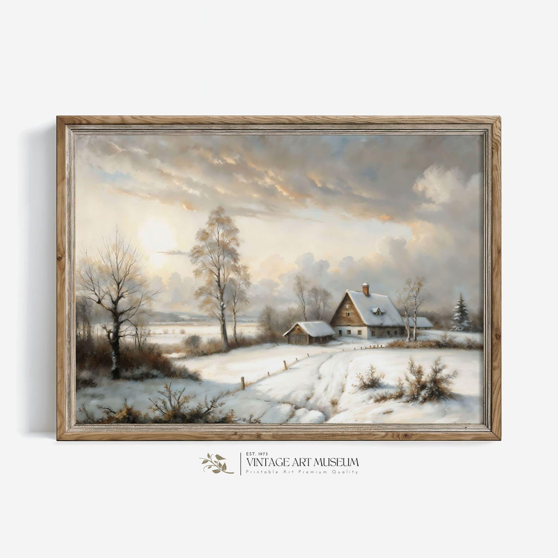 Sunset Over Snowy Farmhouse With Birch Trees Winter Path Poster