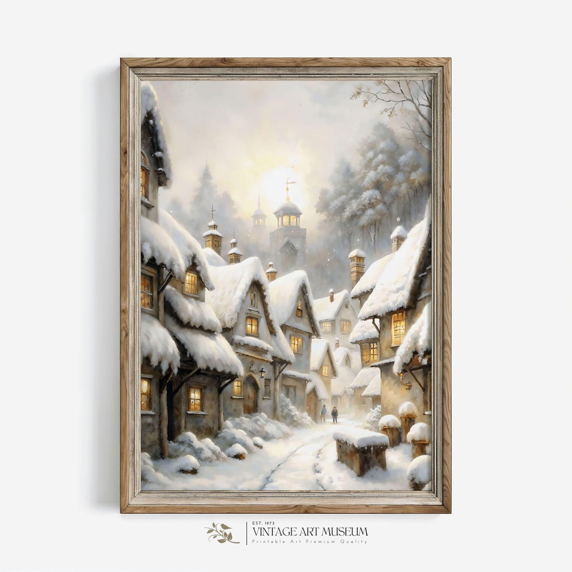 Snowy European Village Street at Dusk With Glowing Windows Poster