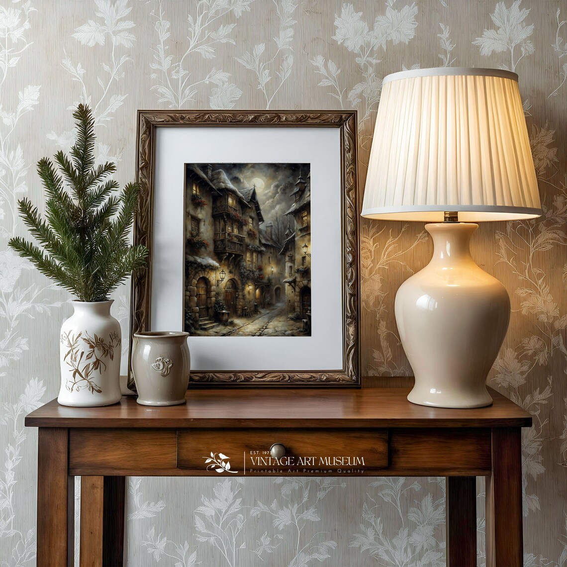 Snowy Old Town Street At Night Under Full Moon Vintage Painting Poster - Image 3