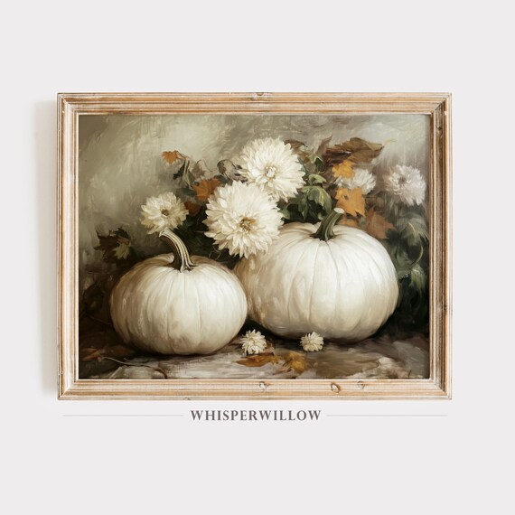 White Pumpkins with Chrysanthemums Autumn Still Life Art Poster