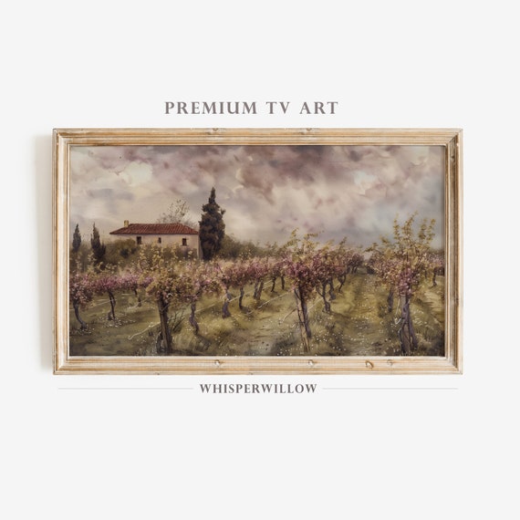 Frame Tv Art Italian Vineyard Watercolor Painting European Landscape Vintage Architecture Winery Art
