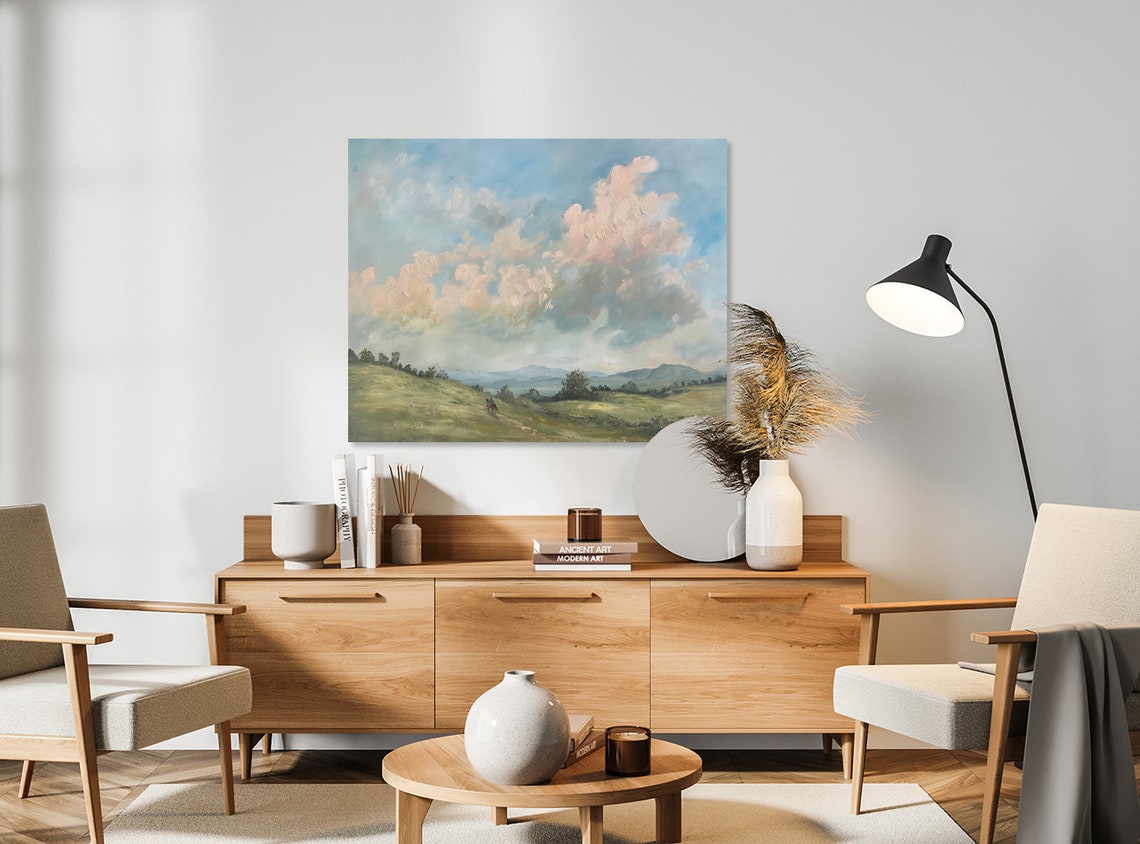 Pink Clouds Over Rolling Green Hills with Horse Rider Poster - Image 2