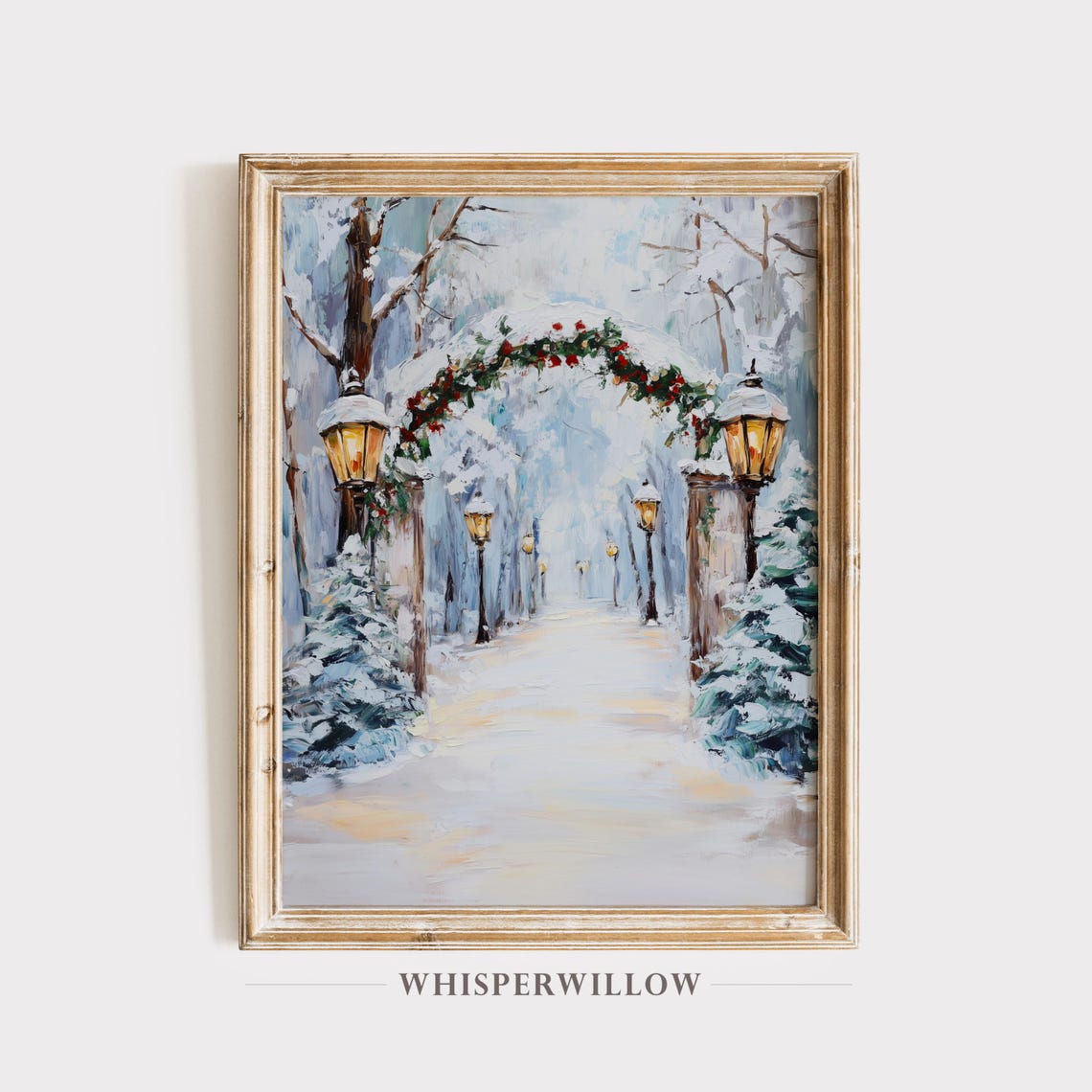 Snowy Winter Path with Lanterns and Garland Arch Christmas Poster