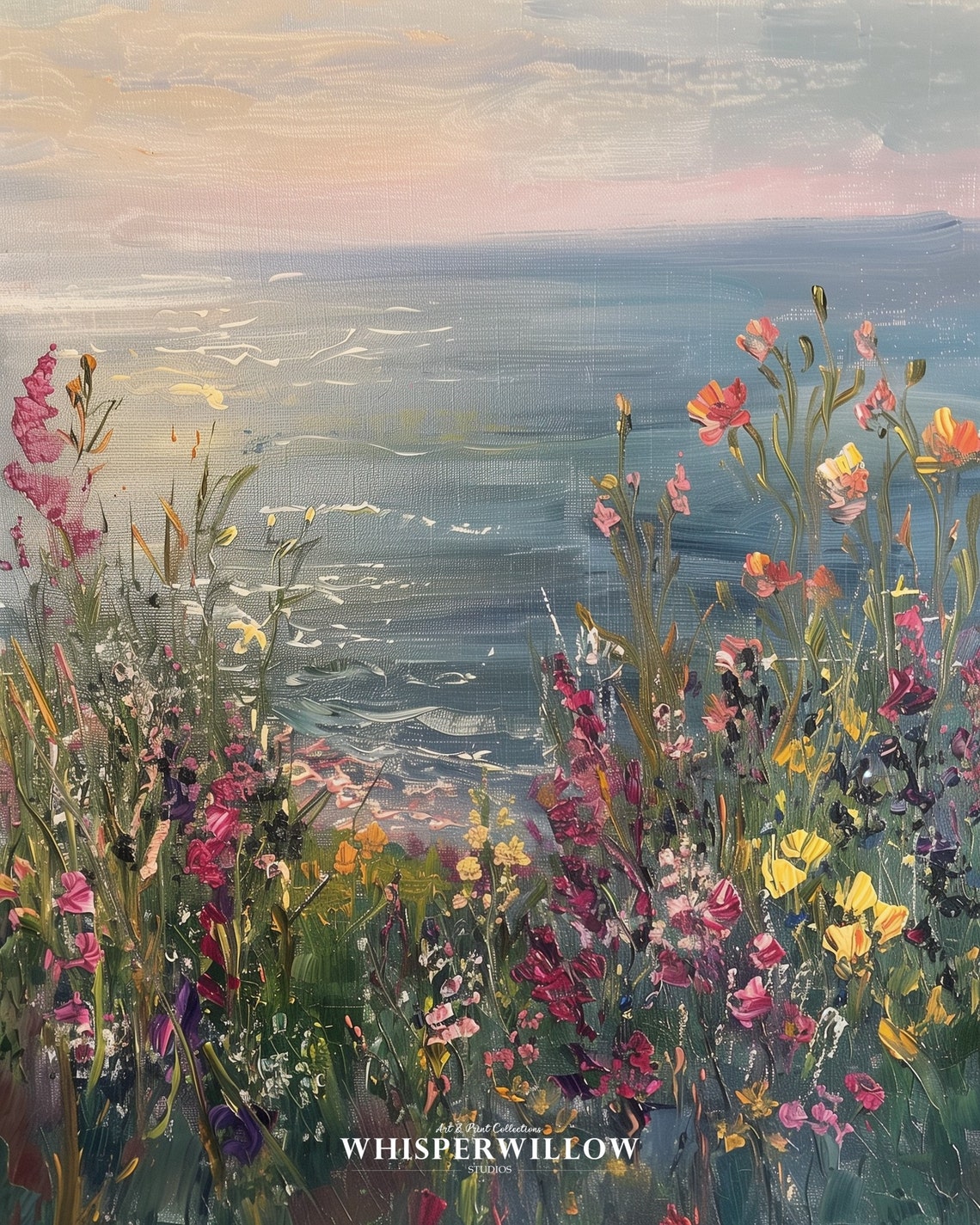 Colorful Wildflowers Overlooking the Sea at Sunset Painting Poster - Image 6