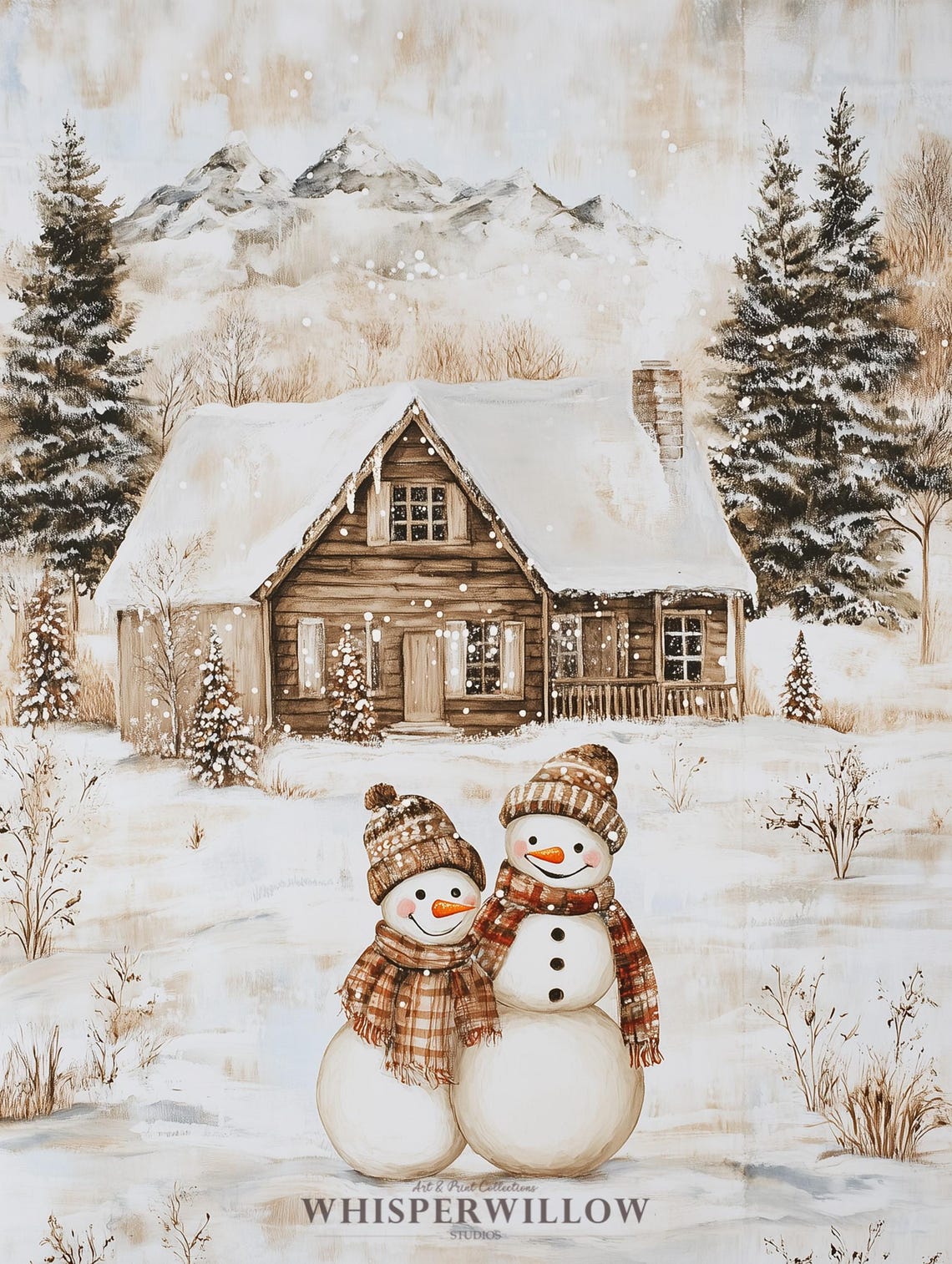 Two Cheerful Snowmen by a Snowy Cabin with Plaid Scarves Poster - Image 6