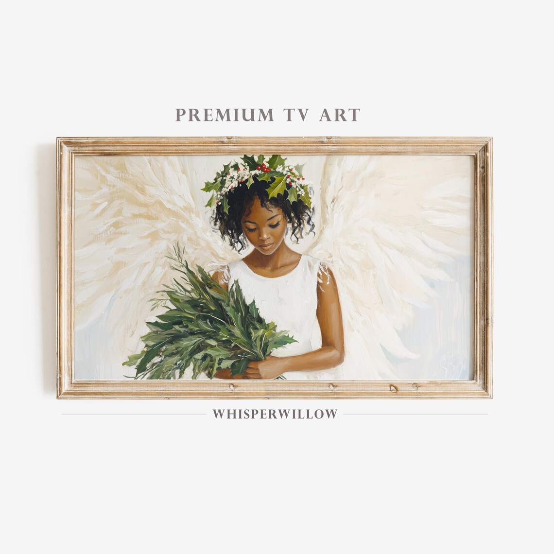 Angelic Girl with Holly Crown Holding Greens Christmas Angel Poster