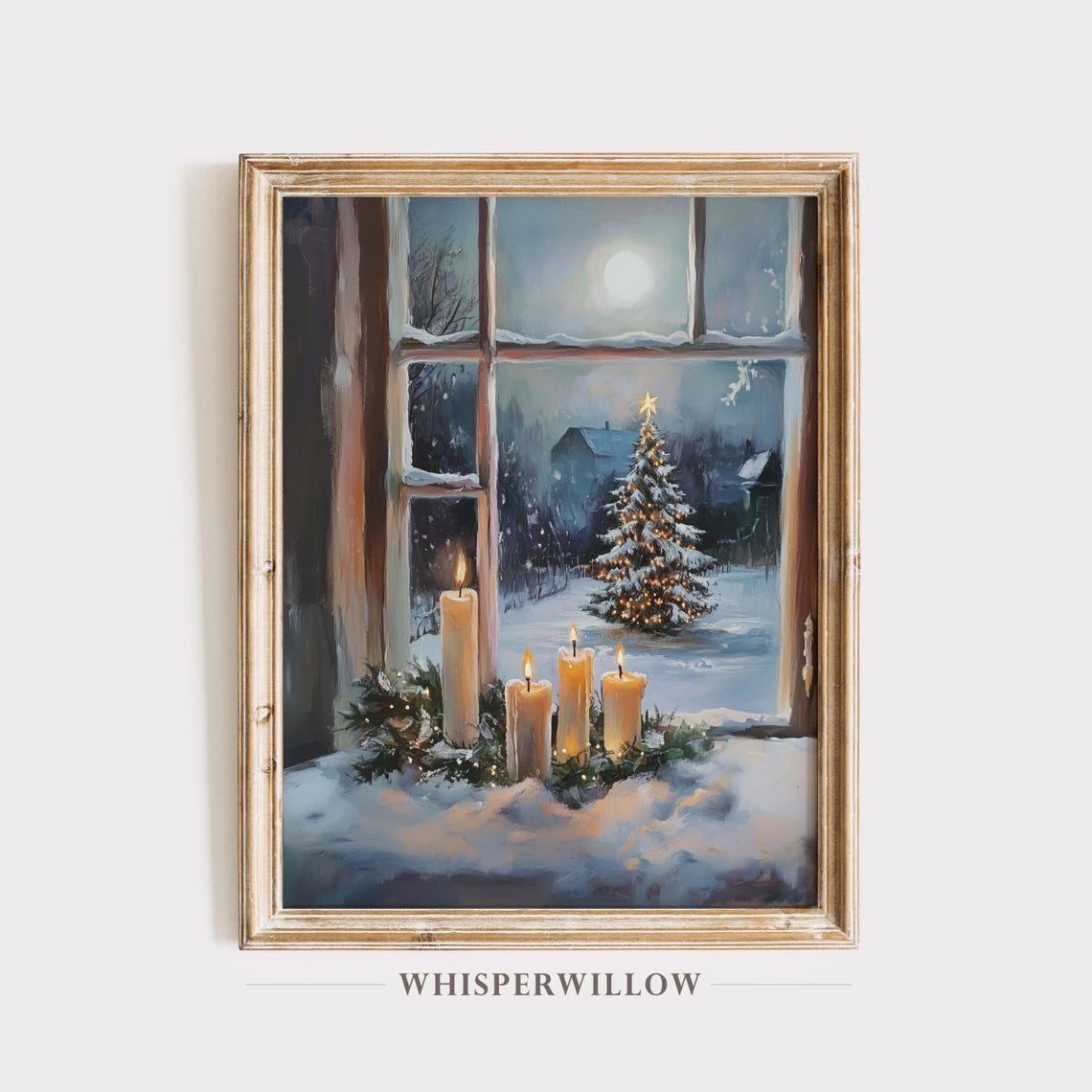Cozy Christmas Window Candlelight View Snowy Holiday Tree Scene Poster