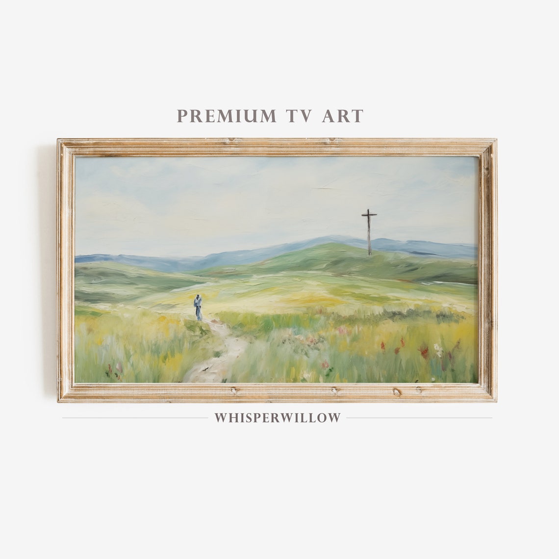 Lone Walker Crossing Green Hills Toward a Hilltop Cross Poster