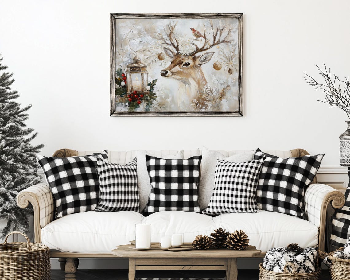 Christmas Deer Portrait with Lantern Holly and Bird Snow Poster - Image 5