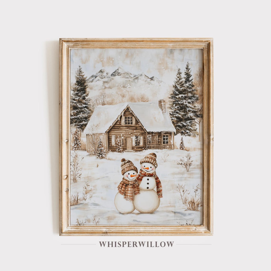 Two Cheerful Snowmen by a Snowy Cabin with Plaid Scarves Poster
