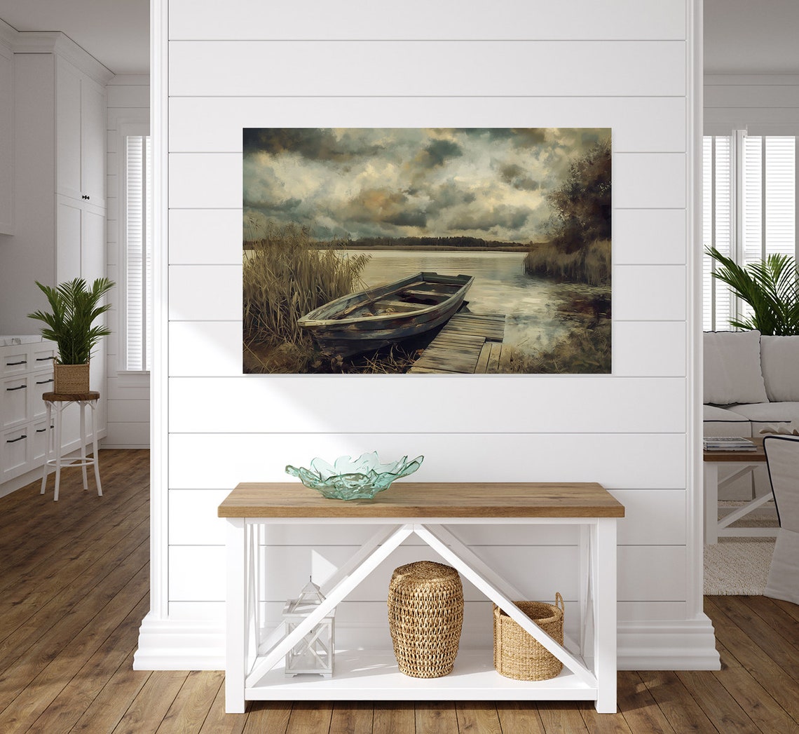 Weathered Rowboat At Lakeside Dock Moody Vintage Oil Painting Poster - Image 2