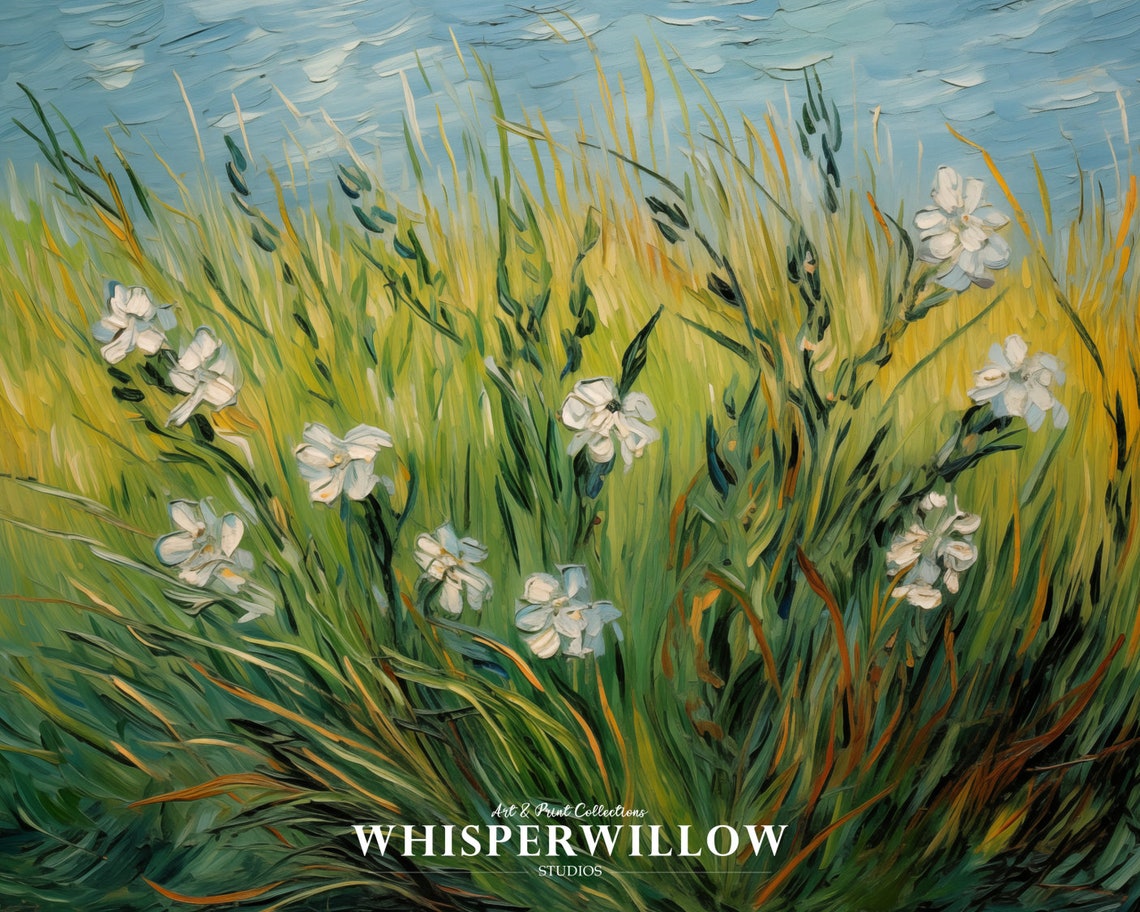 White Wildflowers Wheat Field Van Gogh Style Impressionist Poster - Image 6