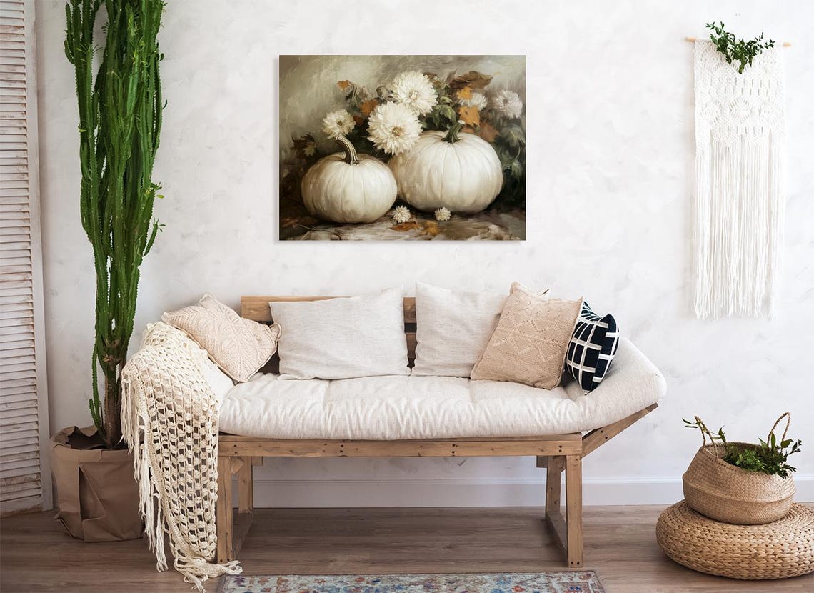 White Pumpkins with Chrysanthemums Autumn Still Life Art Poster - Image 5