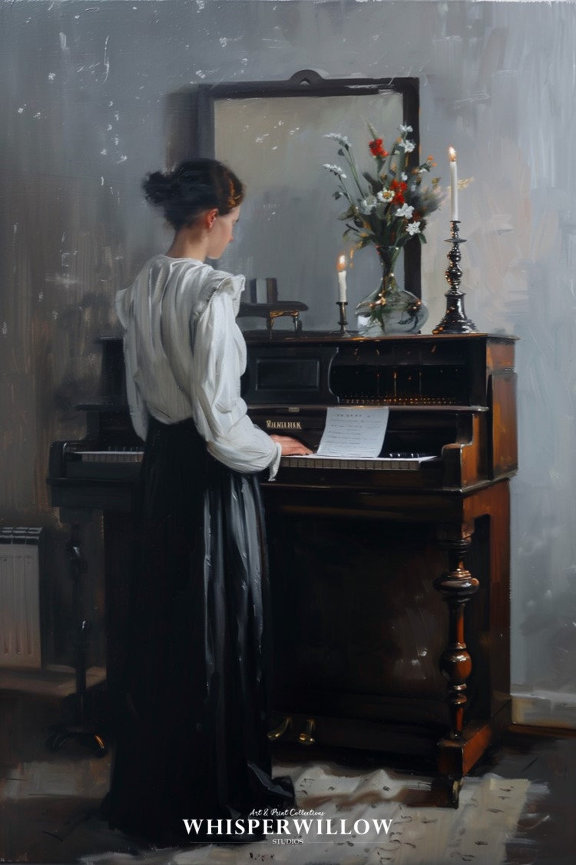 Woman Playing Vintage Piano With Candles Romantic Oil Painting Poster - Image 6