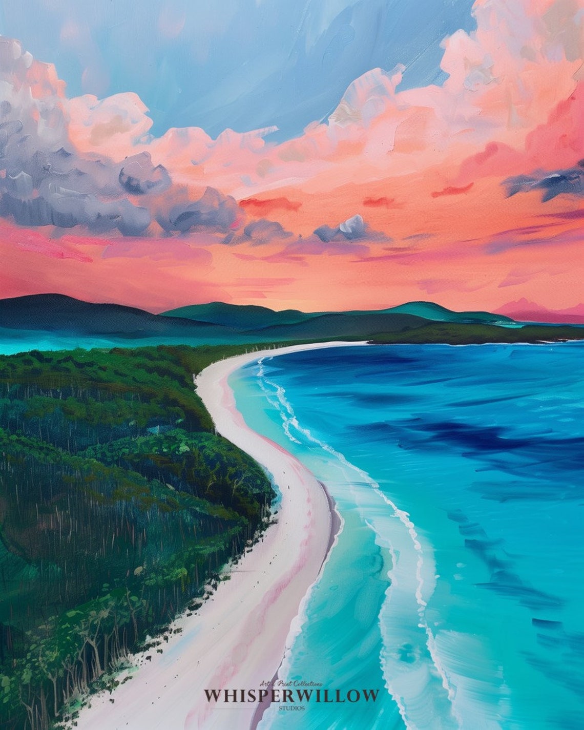 Curved Tropical Beach Sunset Painting Turquoise Ocean Pink Sky Poster - Image 6