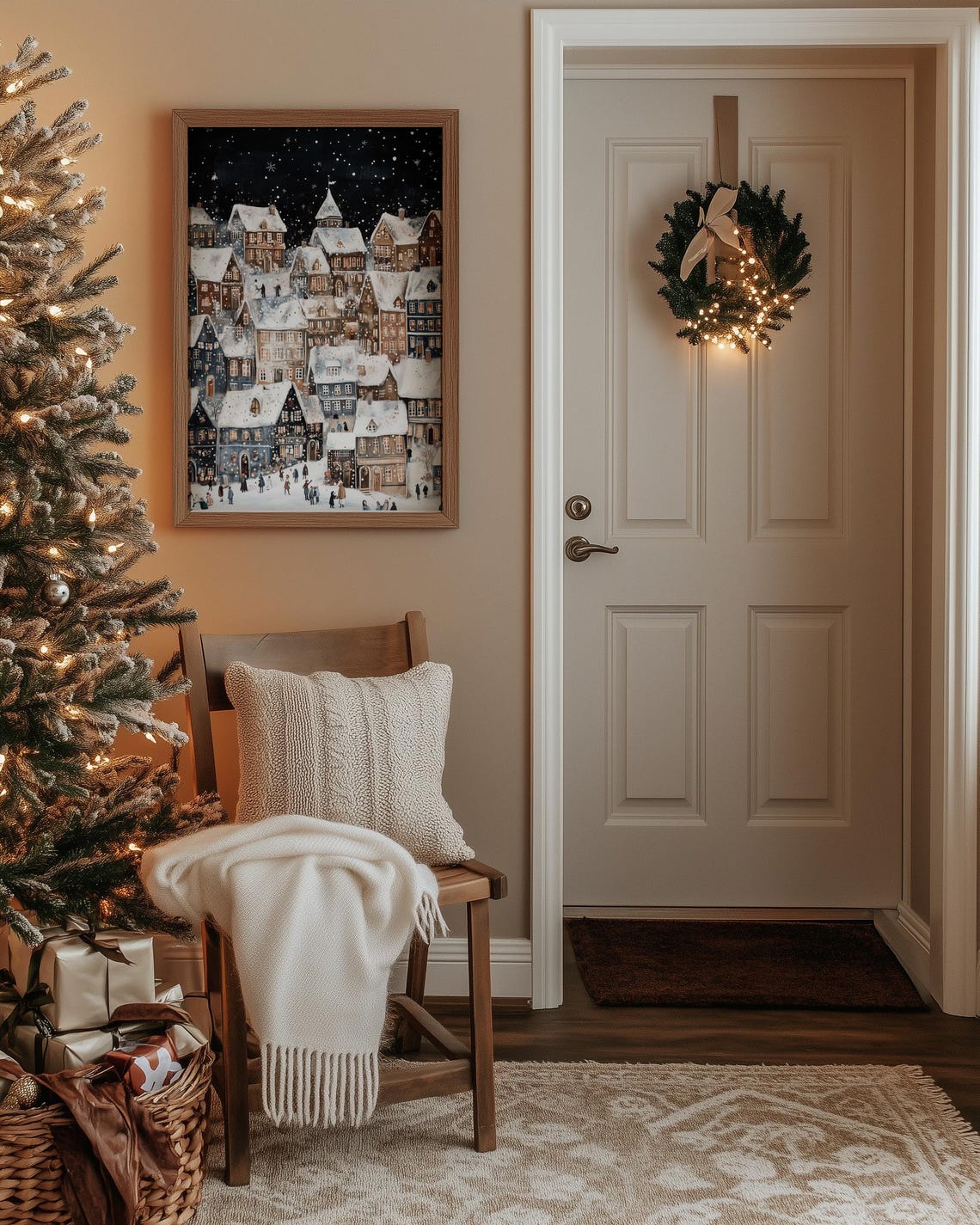 Charming Snowy Village Starry Night Christmas Town Scene Wall Art - Image 4