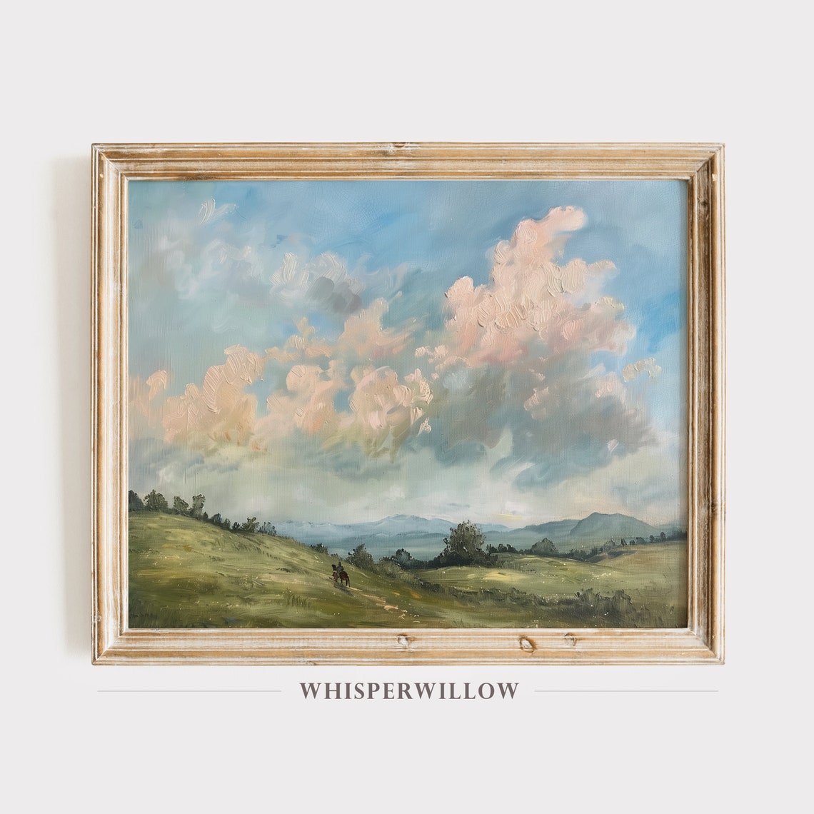 Pink Clouds Over Rolling Green Hills with Horse Rider Poster