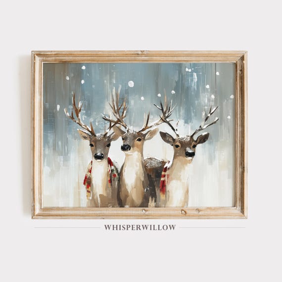 Whimsical Snowy Reindeer Plaid Scarf Holiday Print