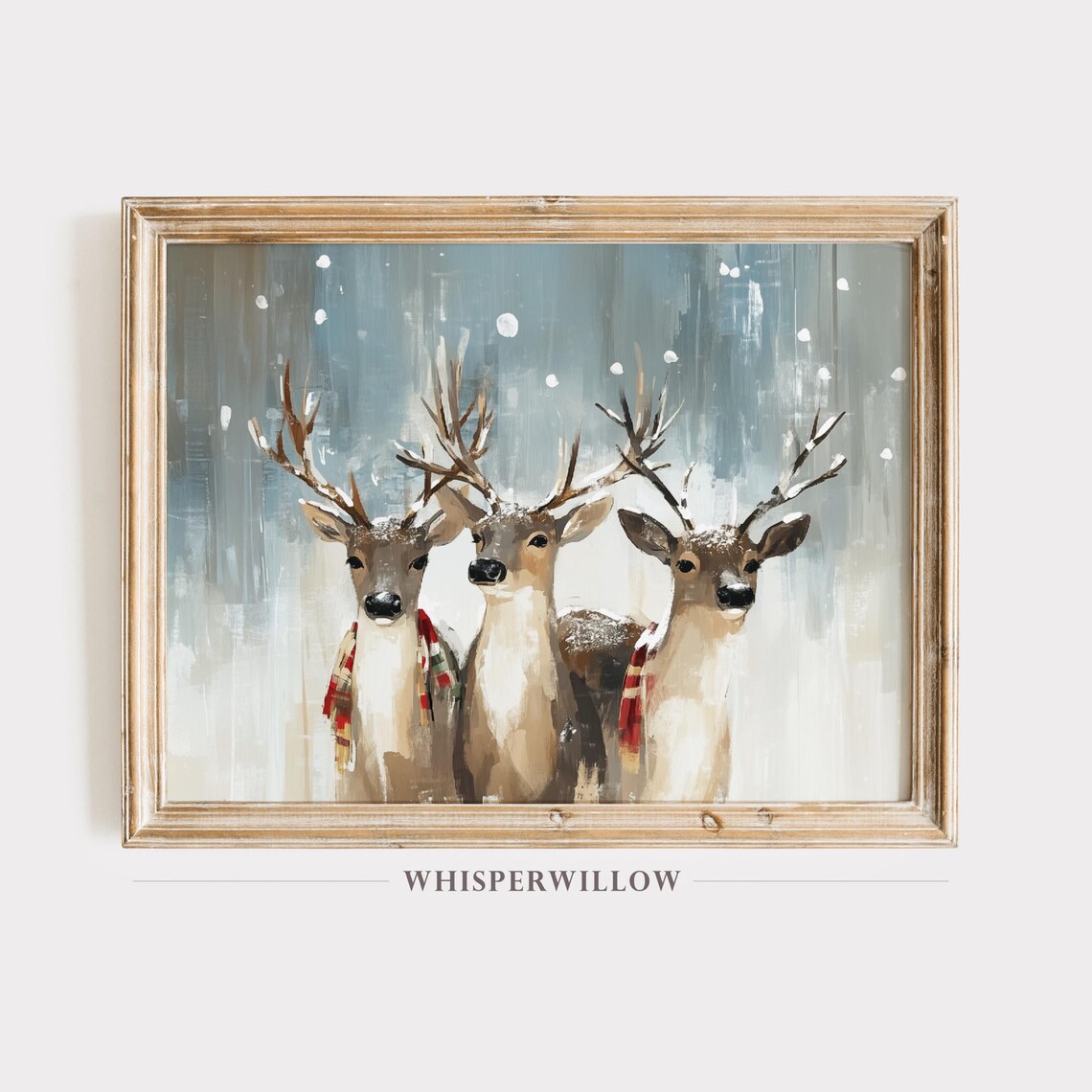 Whimsical Snowy Reindeer Plaid Scarf Holiday Print