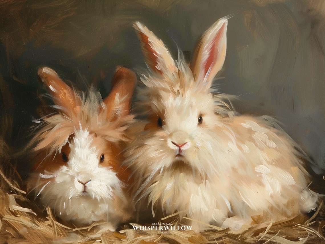 Two Fluffy Angora Rabbits In Hay Vintage Animal Oil Painting Poster - Image 6