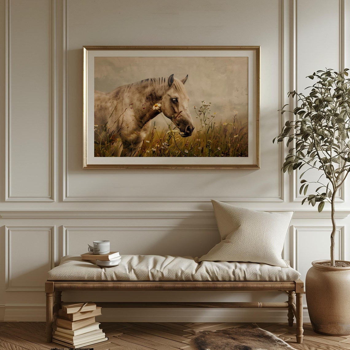 Cream Horse Grazing in Wildflower Meadow Vintage Style Poster - Image 4