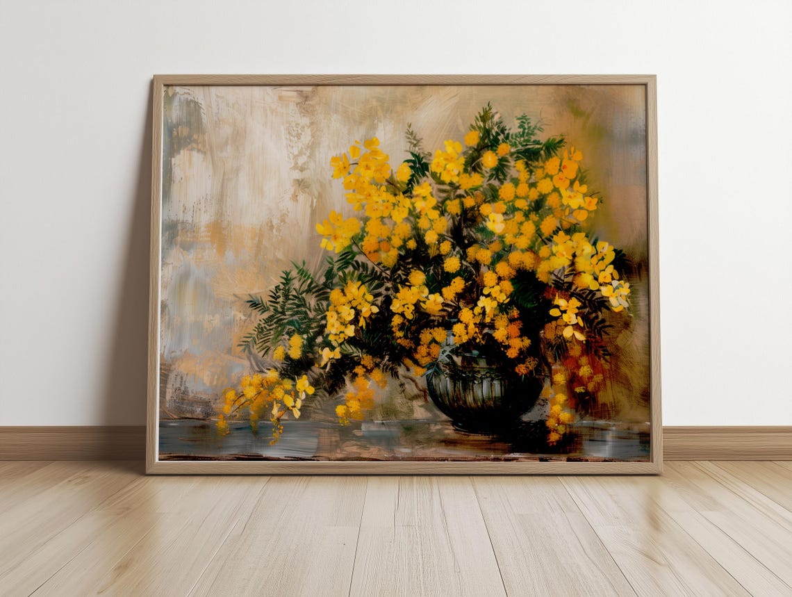 Golden Mimosa Blossoms Vintage Floral Still Life Painting Poster - Image 4