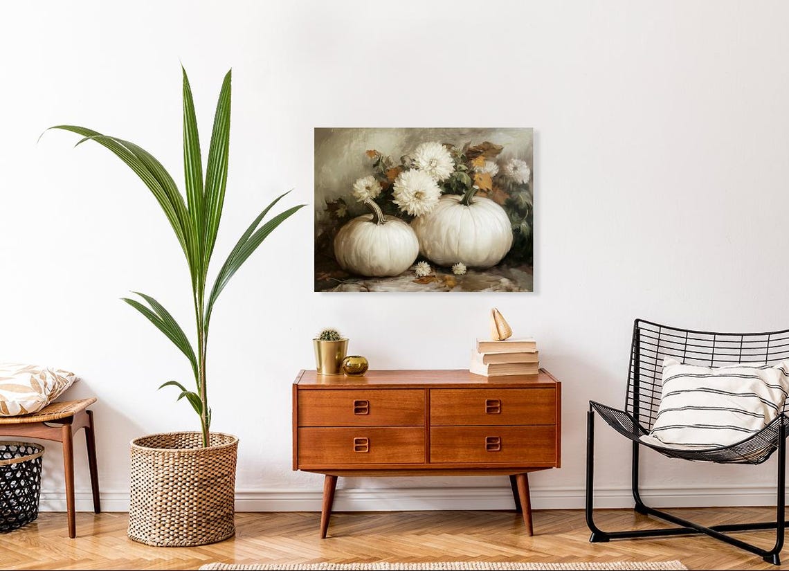 White Pumpkins with Chrysanthemums Autumn Still Life Art Poster - Image 3