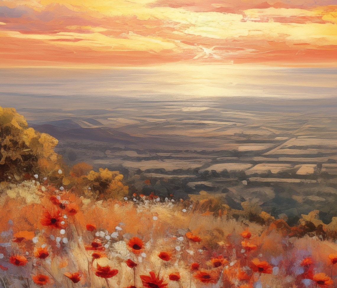 Fiery Sunset Valley Red Poppy Field Dramatic Sky Landscape Poster - Image 6