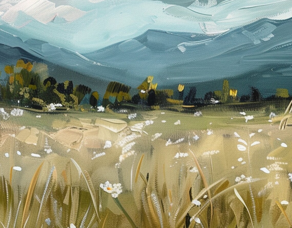 White Wildflowers and Mountains Oil Painting Art Print - Image 6