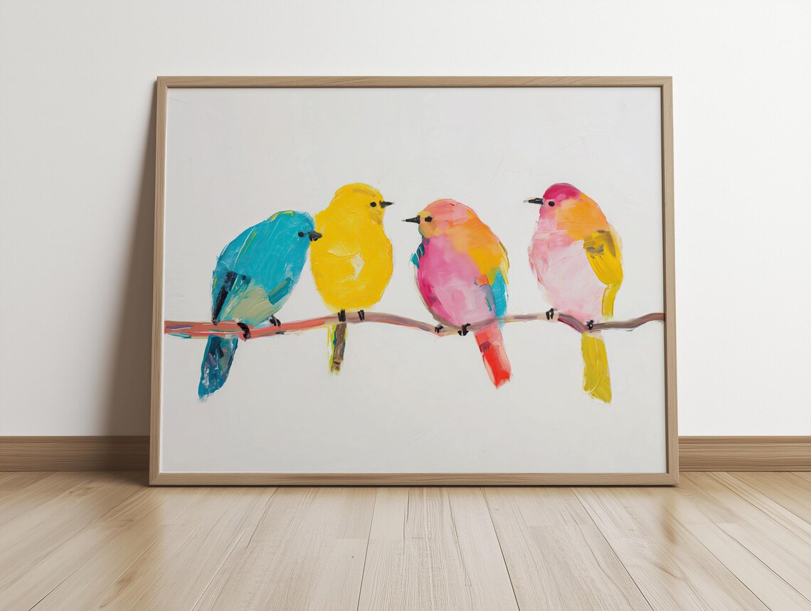 Colorful Birds On Branch Landscape, Wildlife Art Print - Image 5