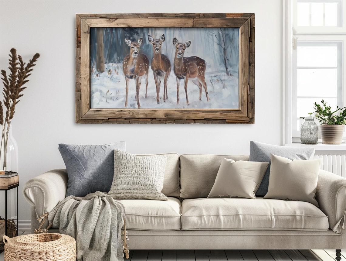 Three Deer in a Snowy Winter Forest Painterly Wildlife Poster - Image 5
